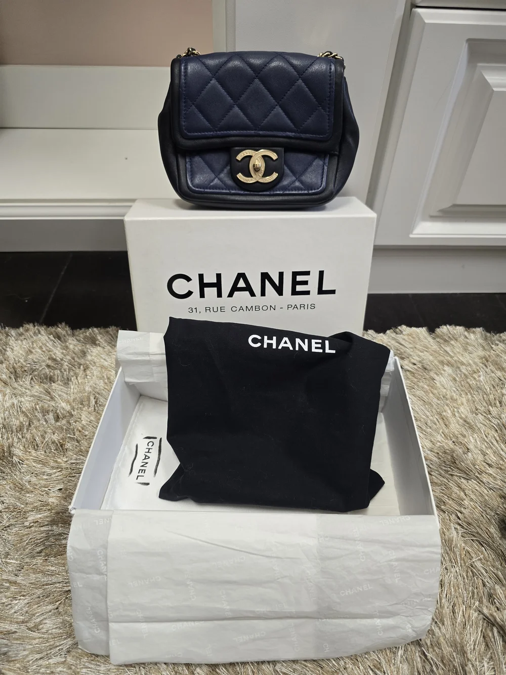 Chanel Quilted Navy Lambskin Mini Bag with Gold CC Turnlock